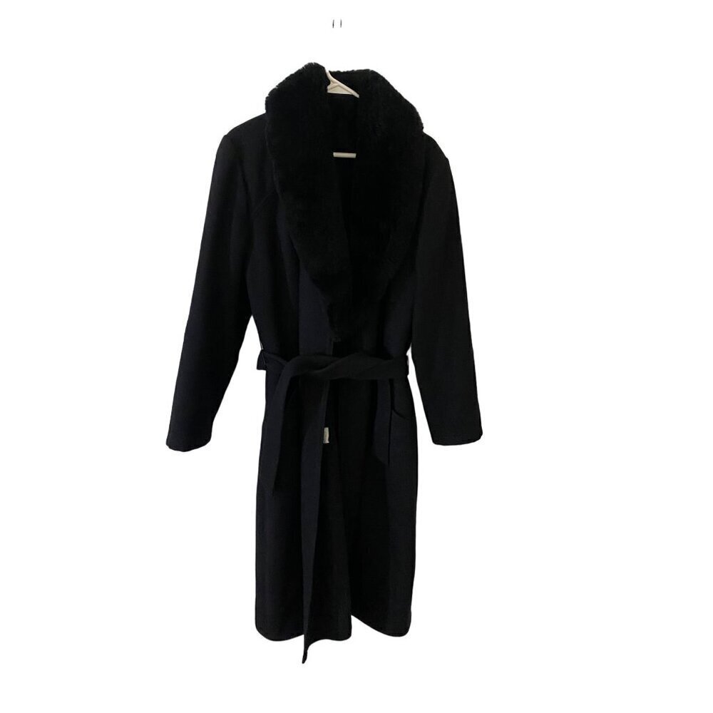 Miura Women's Designer Black 100% Wool, Lamb Fur Collar Wrap Coatt - 16